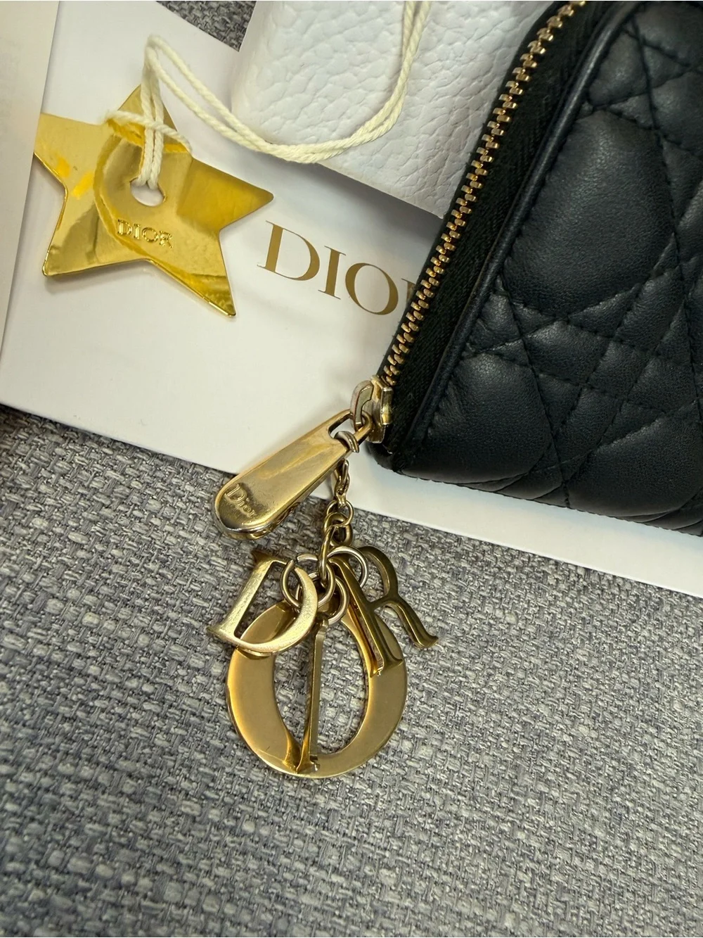 Dior Black Quilted Lady Dior Voyauger Zip Wallet with Gold Charms